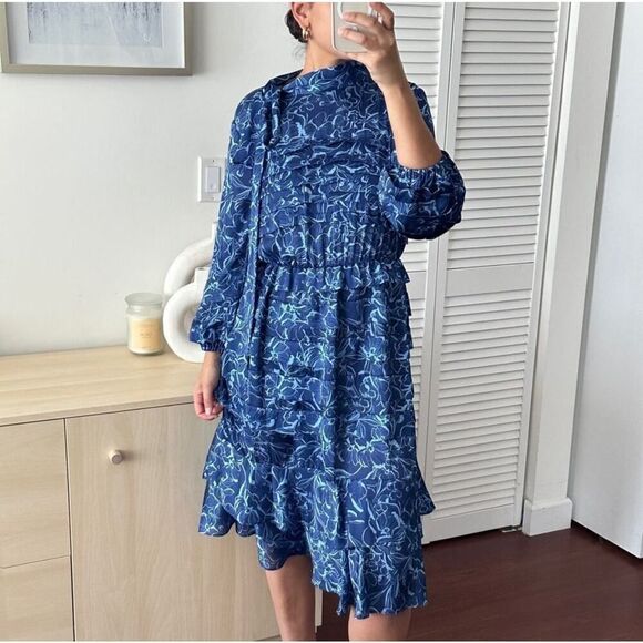 Sachin & Babi Dress Womens 2 Brielle Floral Print Tiered Tie Neck Satin Midi - Picture 4 of 16